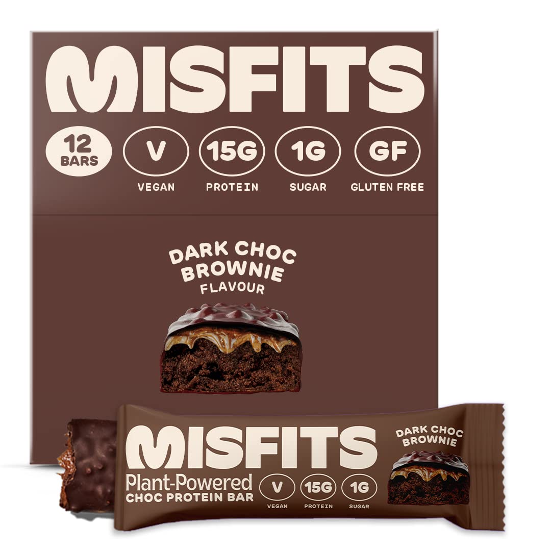 Plant-Based Misfits Dark Chocolate Brownie Vegan Protein Bars - Original Recipe | Gluten-Free, Low Sugar & Carb, High Fiber Snacks - Pack of 12
