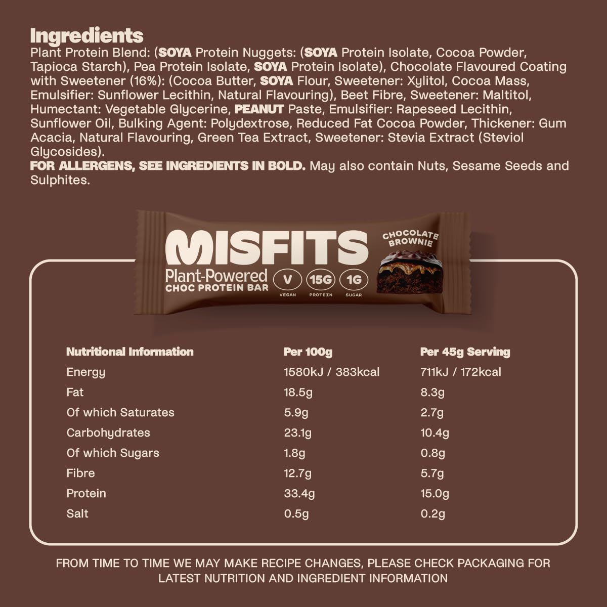 Plant-Based Misfits Dark Chocolate Brownie Vegan Protein Bars - Original Recipe | Gluten-Free, Low Sugar & Carb, High Fiber Snacks - Pack of 12