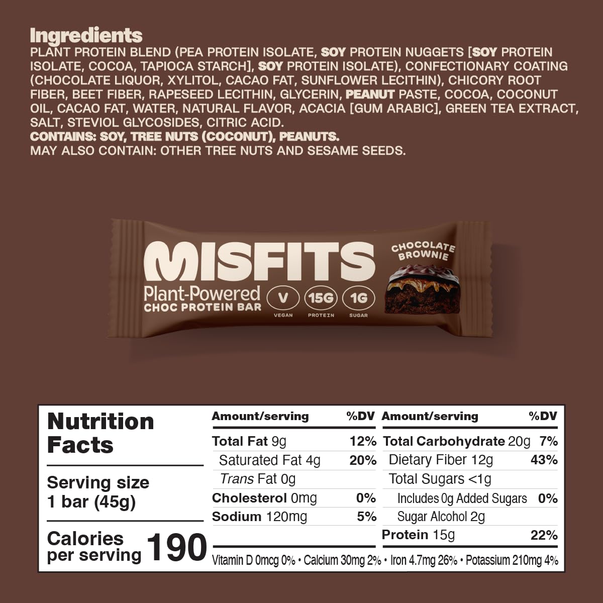 Plant-Based Misfits Dark Chocolate Brownie Vegan Protein Bars - Original Recipe | Gluten-Free, Low Sugar & Carb, High Fiber Snacks - Pack of 12