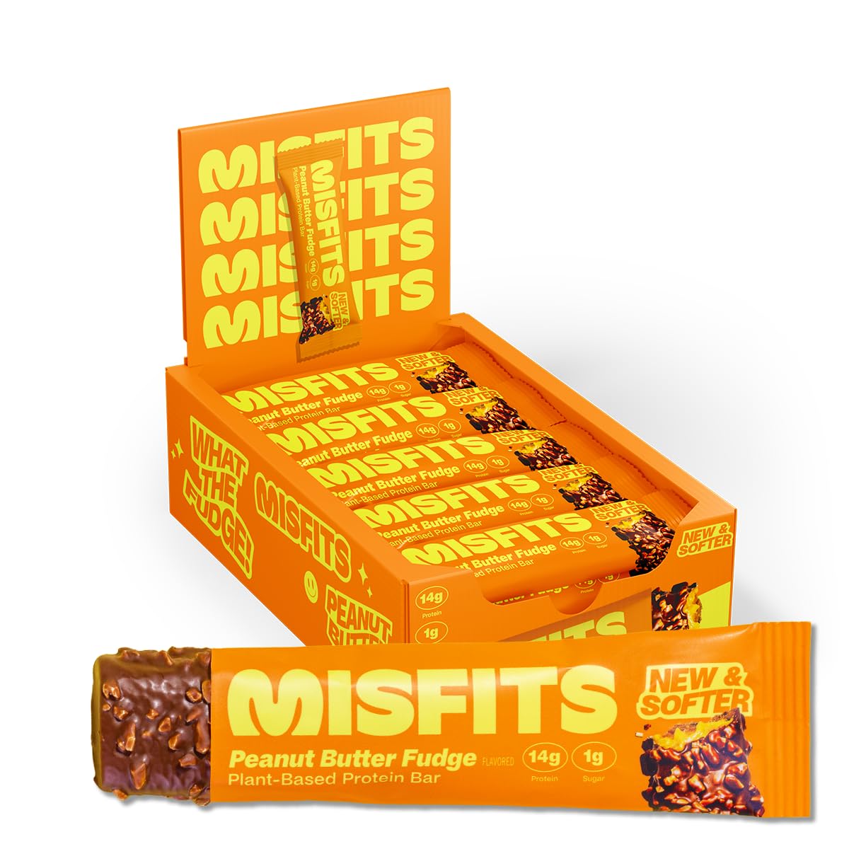 Plant Based Misfits Vegan Protein Bars, Peanut Butter Fudge - New Recipe with Low Sugar & Carbs, High Fiber - Pack of 15