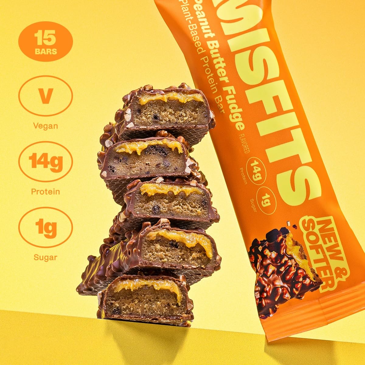 Plant Based Misfits Vegan Protein Bars, Peanut Butter Fudge - New Recipe with Low Sugar & Carbs, High Fiber - Pack of 15