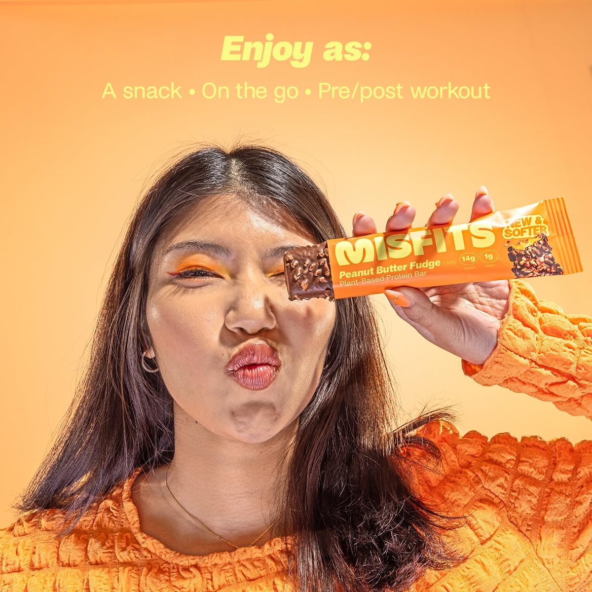 Plant Based Misfits Vegan Protein Bars, Peanut Butter Fudge - New Recipe with Low Sugar & Carbs, High Fiber - Pack of 15