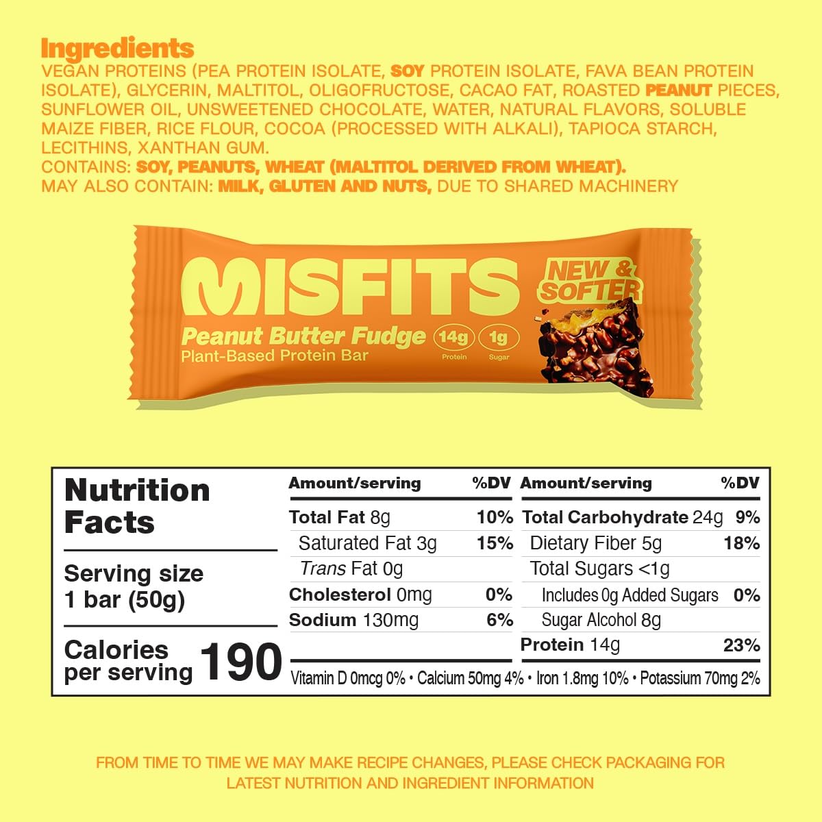 Plant Based Misfits Vegan Protein Bars, Peanut Butter Fudge - New Recipe with Low Sugar & Carbs, High Fiber - Pack of 15
