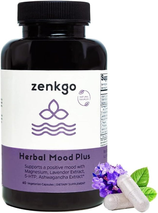 Plant-Based Mood Support Supplement with Ashwagandha, 5-HTP, Lavender, Mucuna, L-tryptophan for Stress Relief, Emotion Balance, and Positivity - 60 Capsules