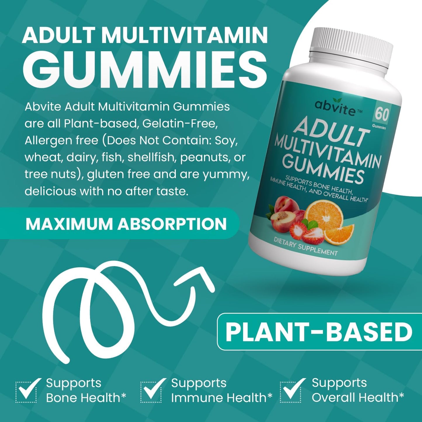 Plant-Based Multivitamin Gummies for Men and Women with Vitamins A, C, D, E, B-3, B-6, B-12, Biotin, Inositol - Non-GMO, Gluten-Free - 60 Count