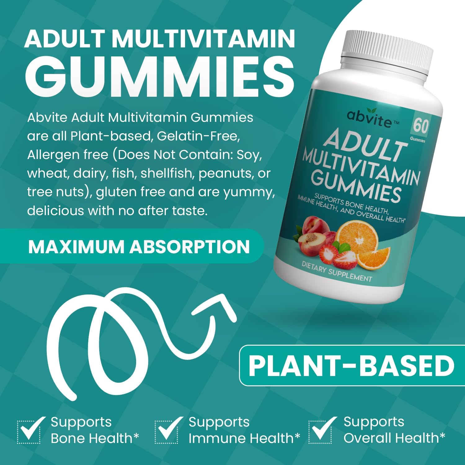 Plant-Based Multivitamin Gummies for Men and Women with Vitamins A, C, D, E, B-3, B-6, B-12, Biotin, Inositol - Non-GMO, Gluten-Free - 60 Count
