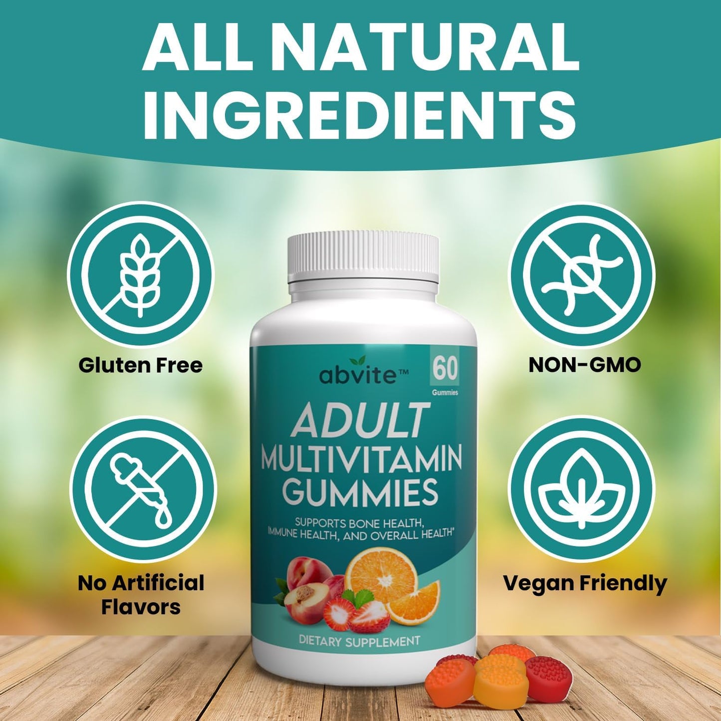 Plant-Based Multivitamin Gummies for Men and Women with Vitamins A, C, D, E, B-3, B-6, B-12, Biotin, Inositol - Non-GMO, Gluten-Free - 60 Count