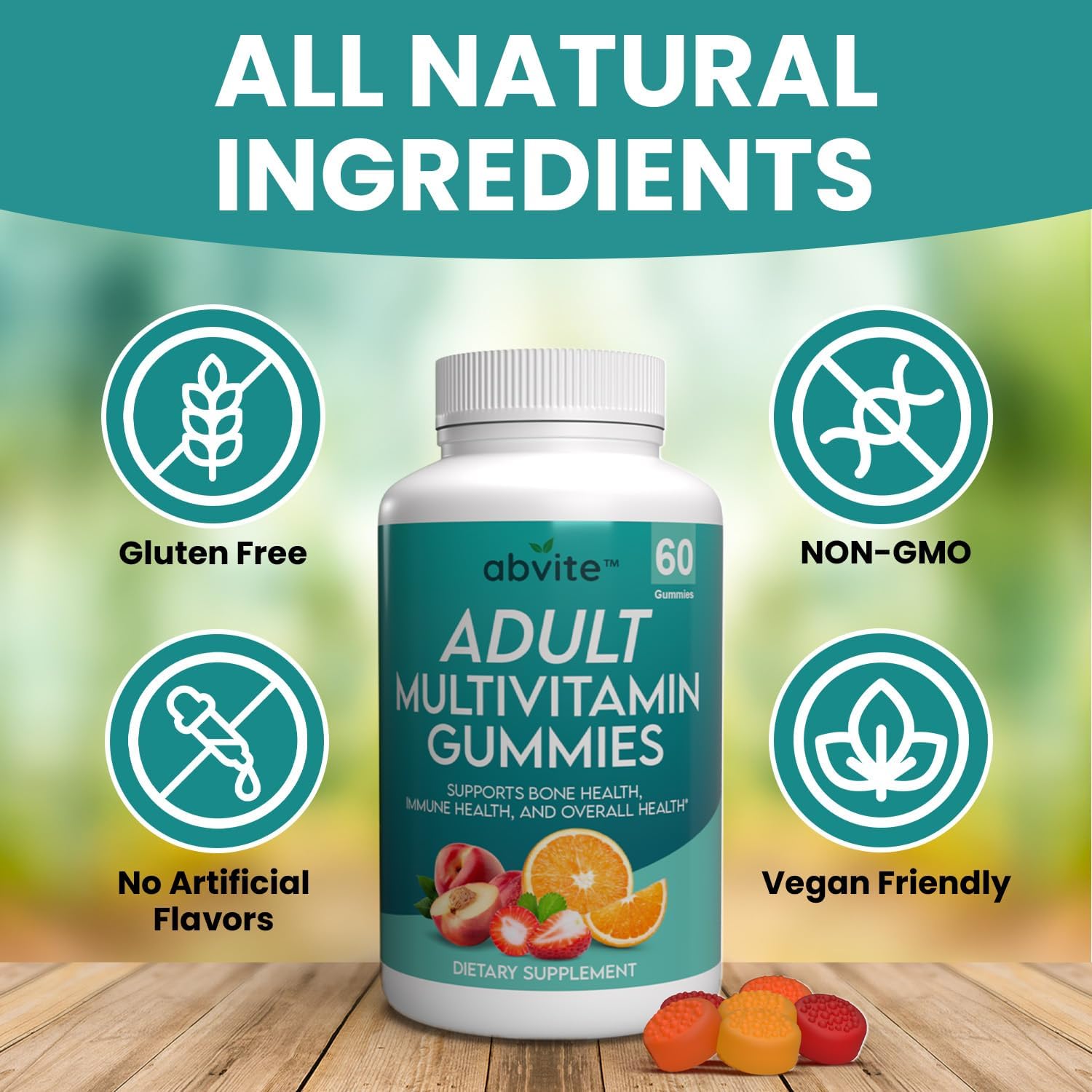 Plant-Based Multivitamin Gummies for Men and Women with Vitamins A, C, D, E, B-3, B-6, B-12, Biotin, Inositol - Non-GMO, Gluten-Free - 60 Count