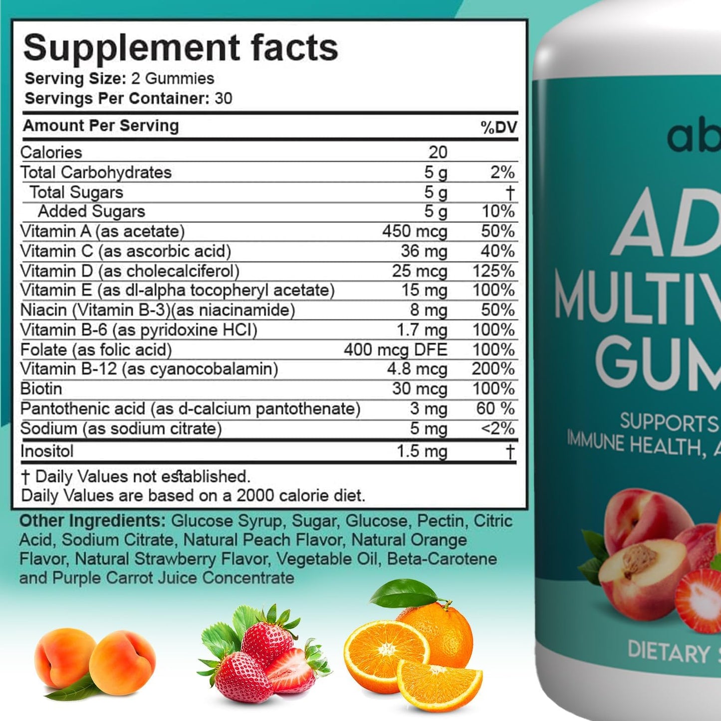 Plant-Based Multivitamin Gummies for Men and Women with Vitamins A, C, D, E, B-3, B-6, B-12, Biotin, Inositol - Non-GMO, Gluten-Free - 60 Count