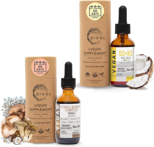 Plant-Based Mushroom Complex Liquid Drops with Vitamin D3 & K2 for Natural Wellness - Vegan Formula with Coconut Oil for Daily Vitality