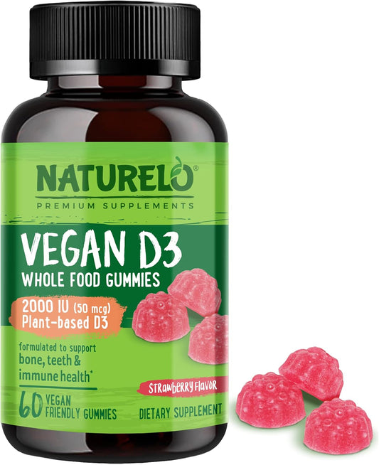 Plant-Based NATURELO Vegan D3 Gummies with 2000 IU Vitamin D3 for Bone, Teeth, & Immune Health - 60 Vegan-Friendly Gummies