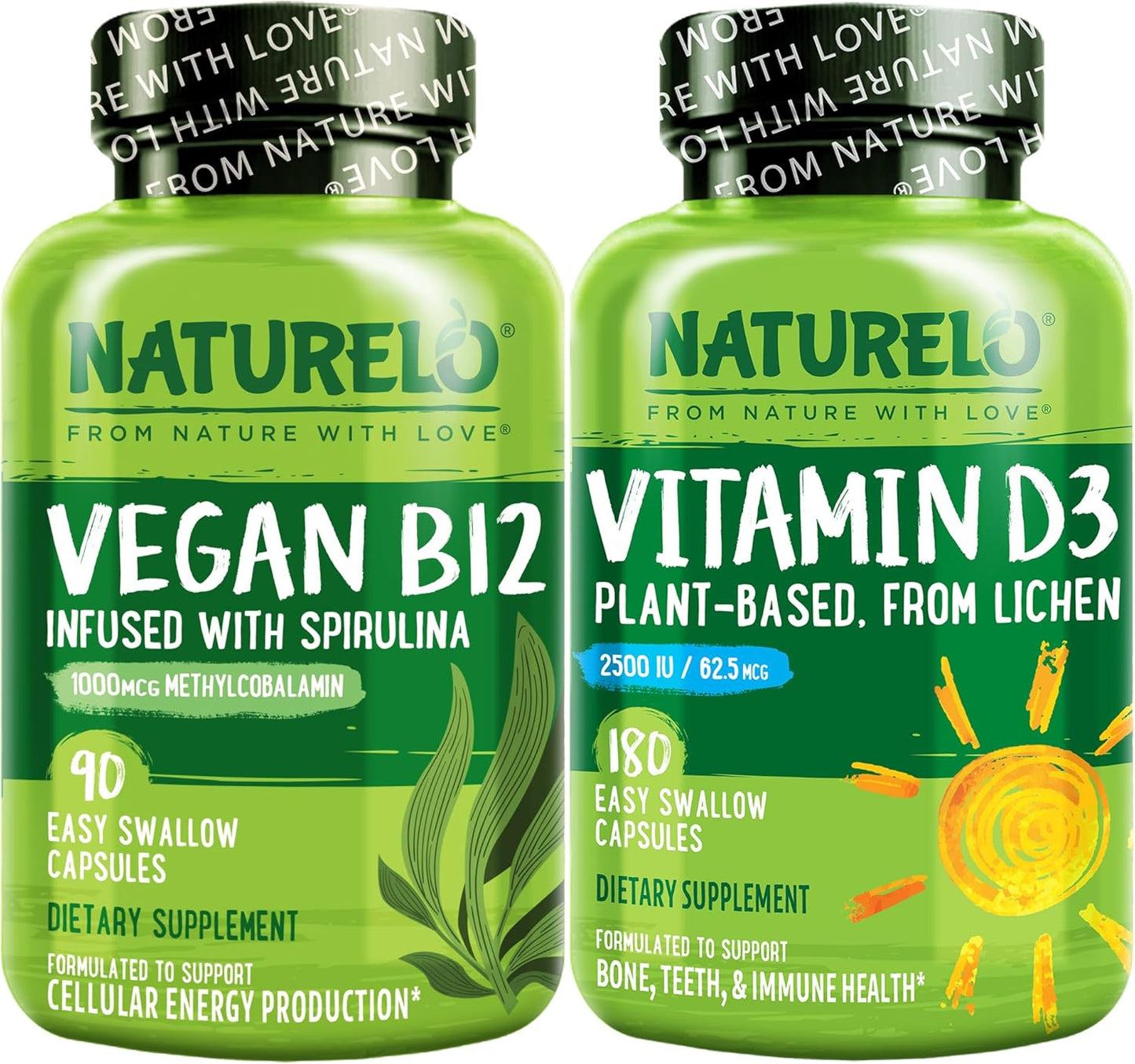 Plant-Based NATURELO Vitamin D and Vegan B12 Combo - 180 Mini Capsules with Methylcobalamin - 90 Capsules of 1000 mcg