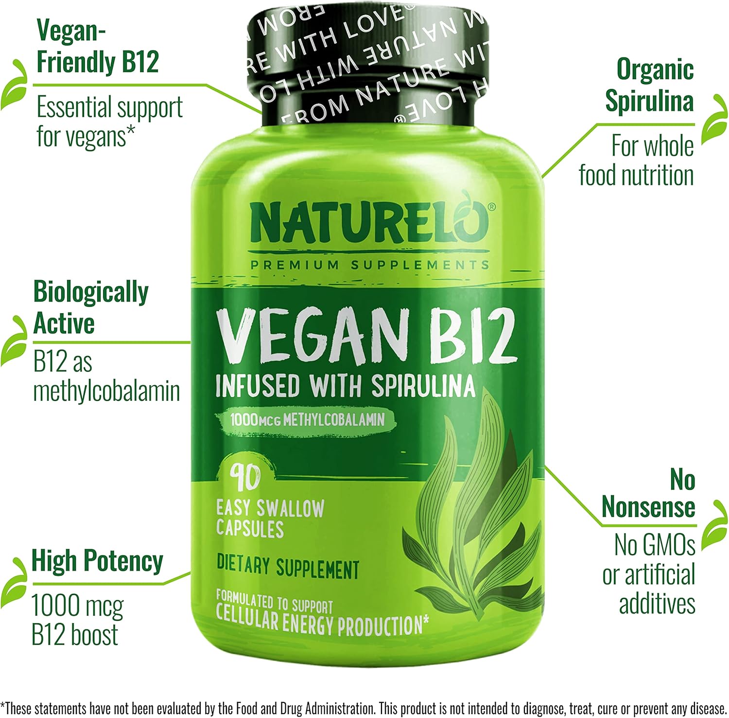 Plant-Based NATURELO Vitamin D and Vegan B12 Combo - 180 Mini Capsules with Methylcobalamin - 90 Capsules of 1000 mcg