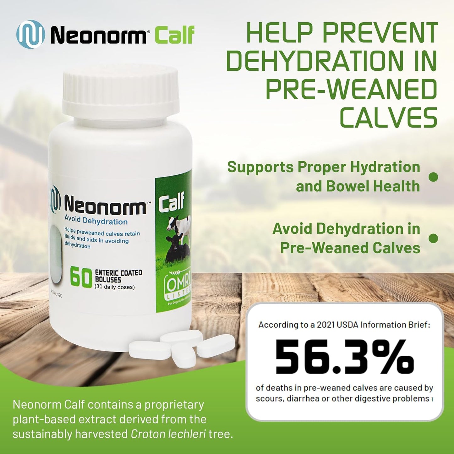 Plant-Based Neonorm Calf Boluses for Hydration & Bowel Health - 60 Count - Pre-Weaned Calves