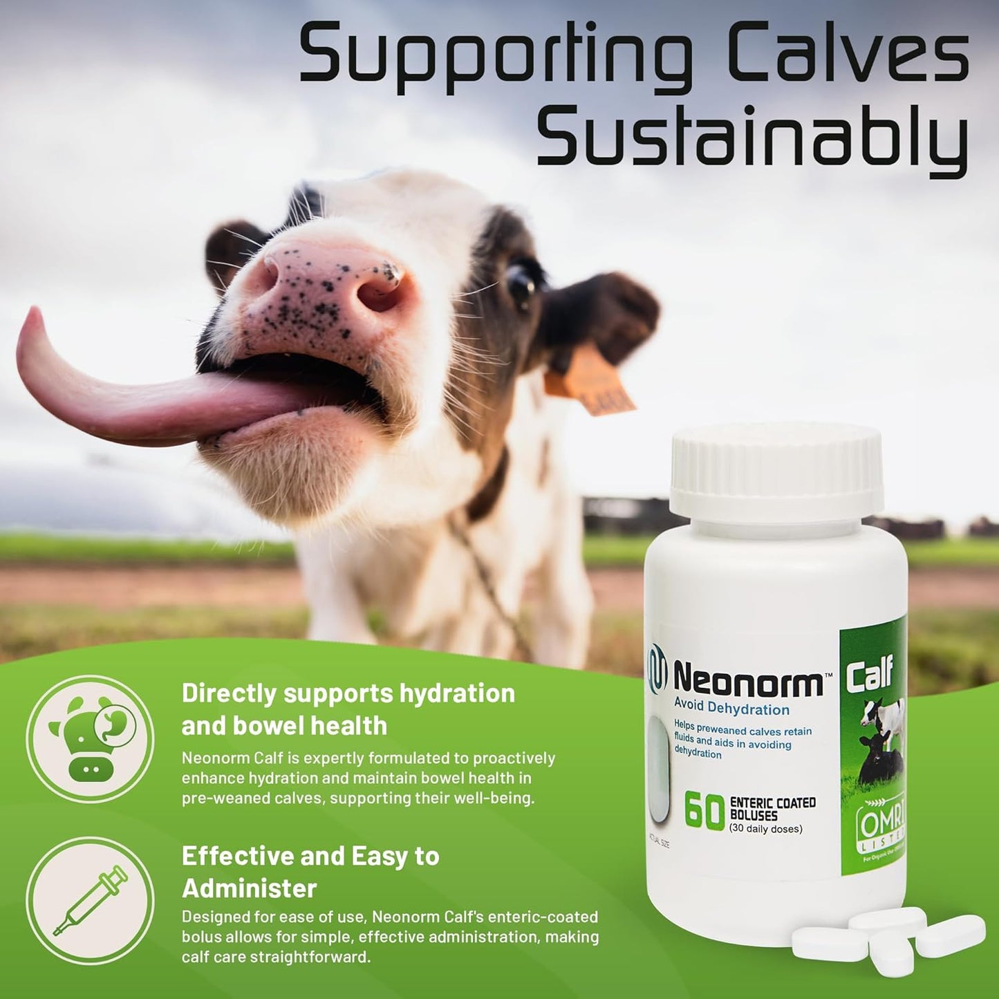 Plant-Based Neonorm Calf Boluses for Hydration & Bowel Health - 60 Count - Pre-Weaned Calves