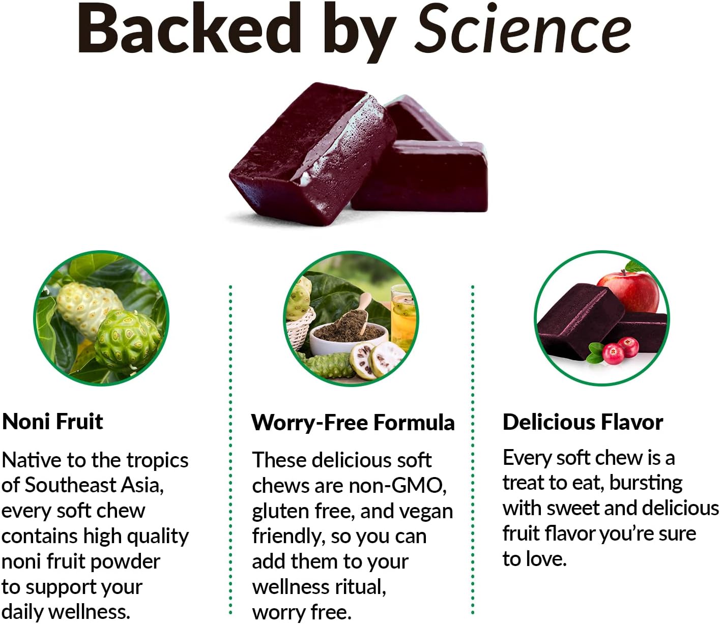 Plant-Based Noni Fruit Chews for Immunity & Skin Health, Antioxidant Superfood Supplement, Apple Berry Flavor, 30 Soft Chews