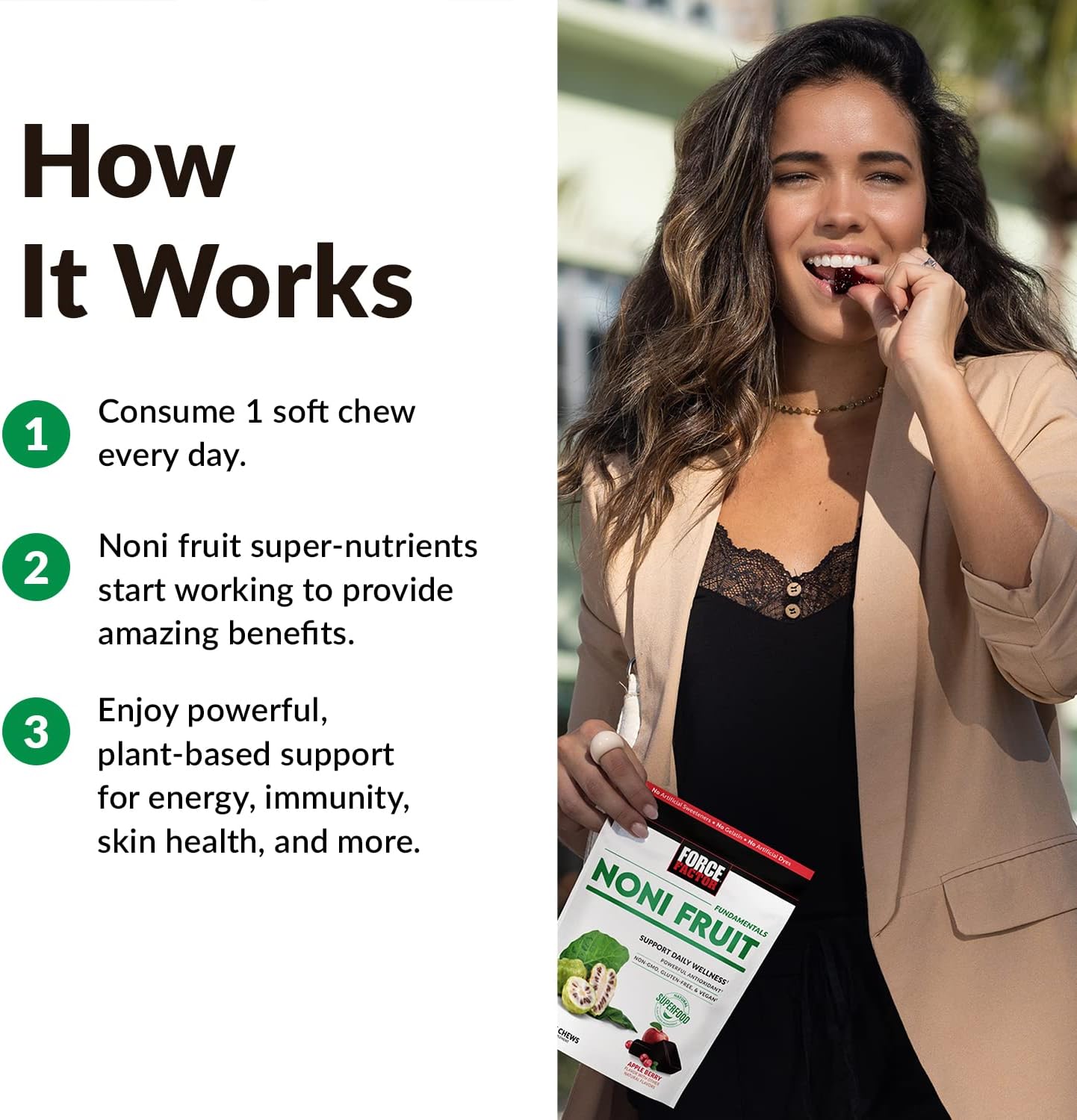 Plant-Based Noni Fruit Chews for Immunity & Skin Health, Antioxidant Superfood Supplement, Apple Berry Flavor, 30 Soft Chews