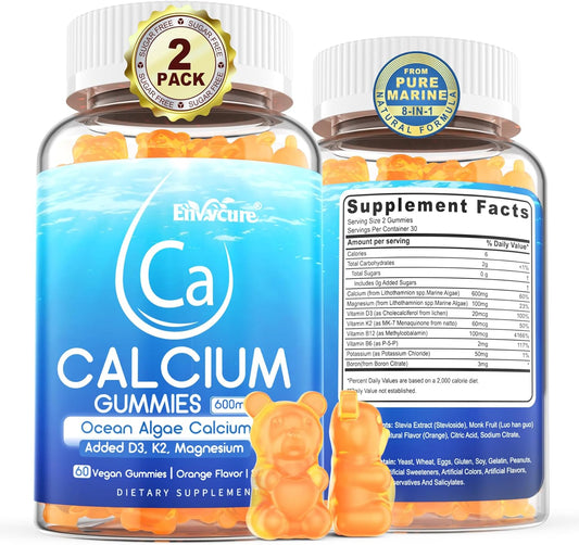 Plant-Based Ocean Algae Calcium Gummies with Vitamin D3, K2 & Magnesium for Bone Health - Vegan Calcium Supplement with 70+ Trace Minerals - 2 Pack