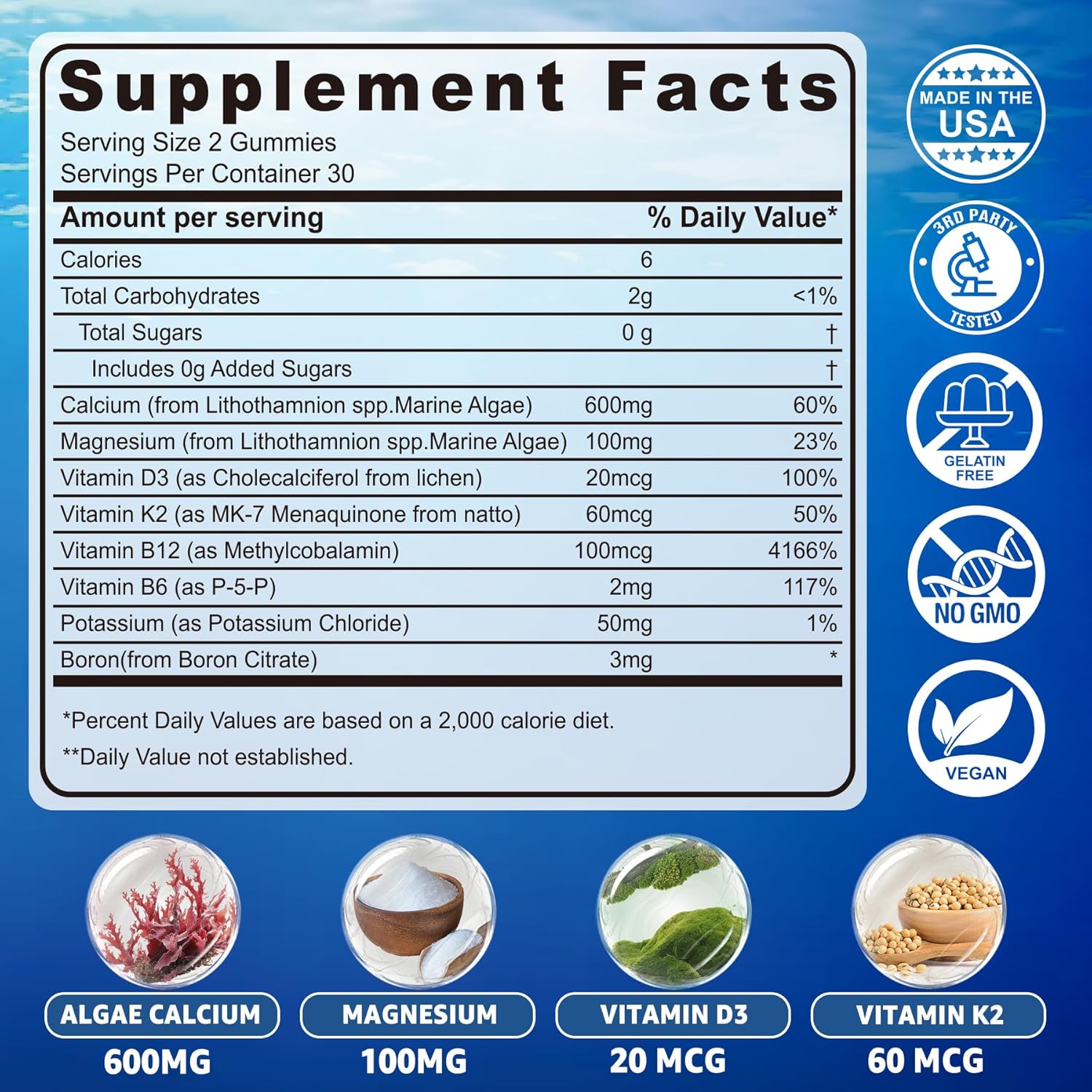 Plant-Based Ocean Algae Calcium Gummies with Vitamin D3, K2 & Magnesium for Bone Health - Vegan Calcium Supplement with 70+ Trace Minerals - 2 Pack