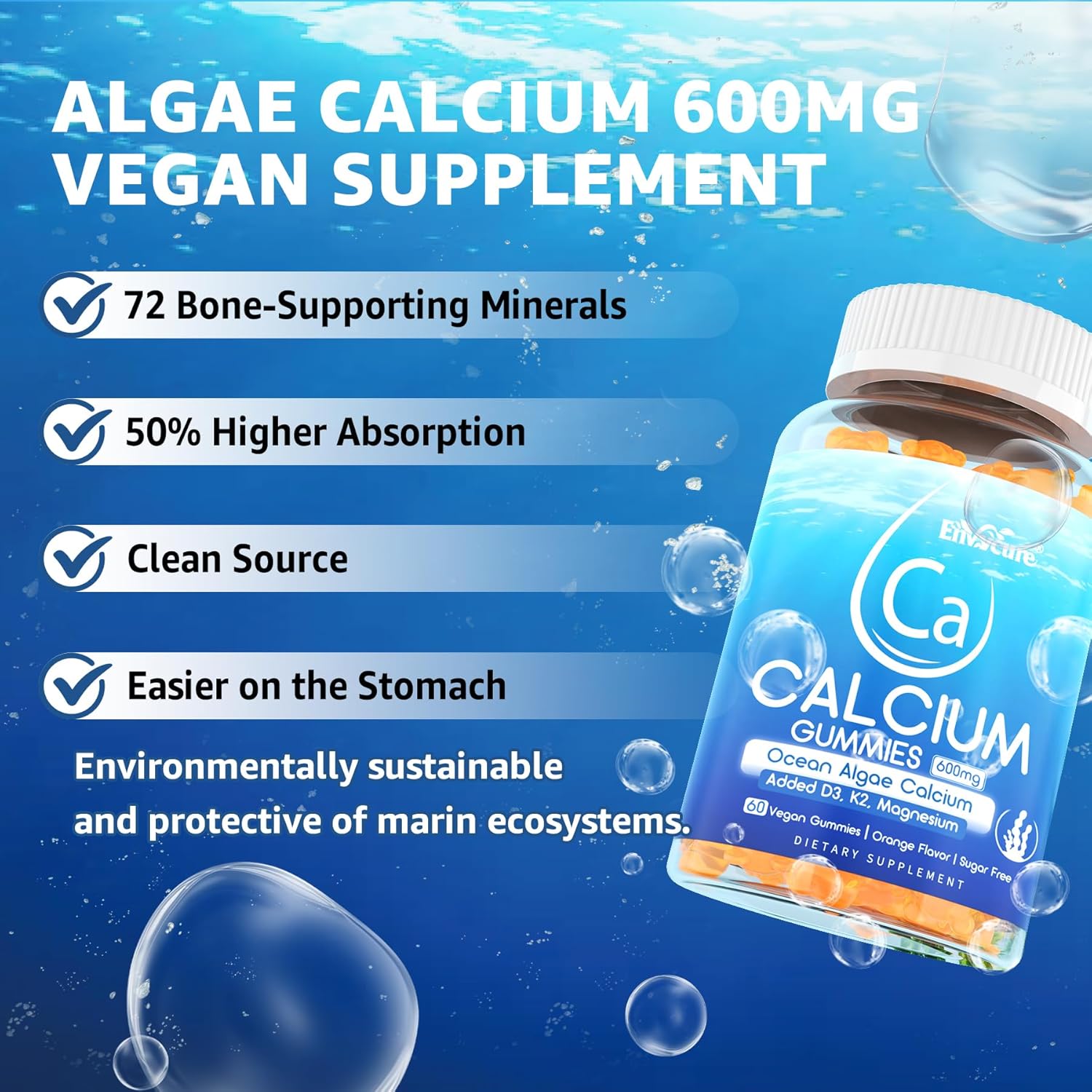 Plant-Based Ocean Algae Calcium Gummies with Vitamin D3, K2 & Magnesium for Bone Health - Vegan Calcium Supplement with 70+ Trace Minerals - 2 Pack