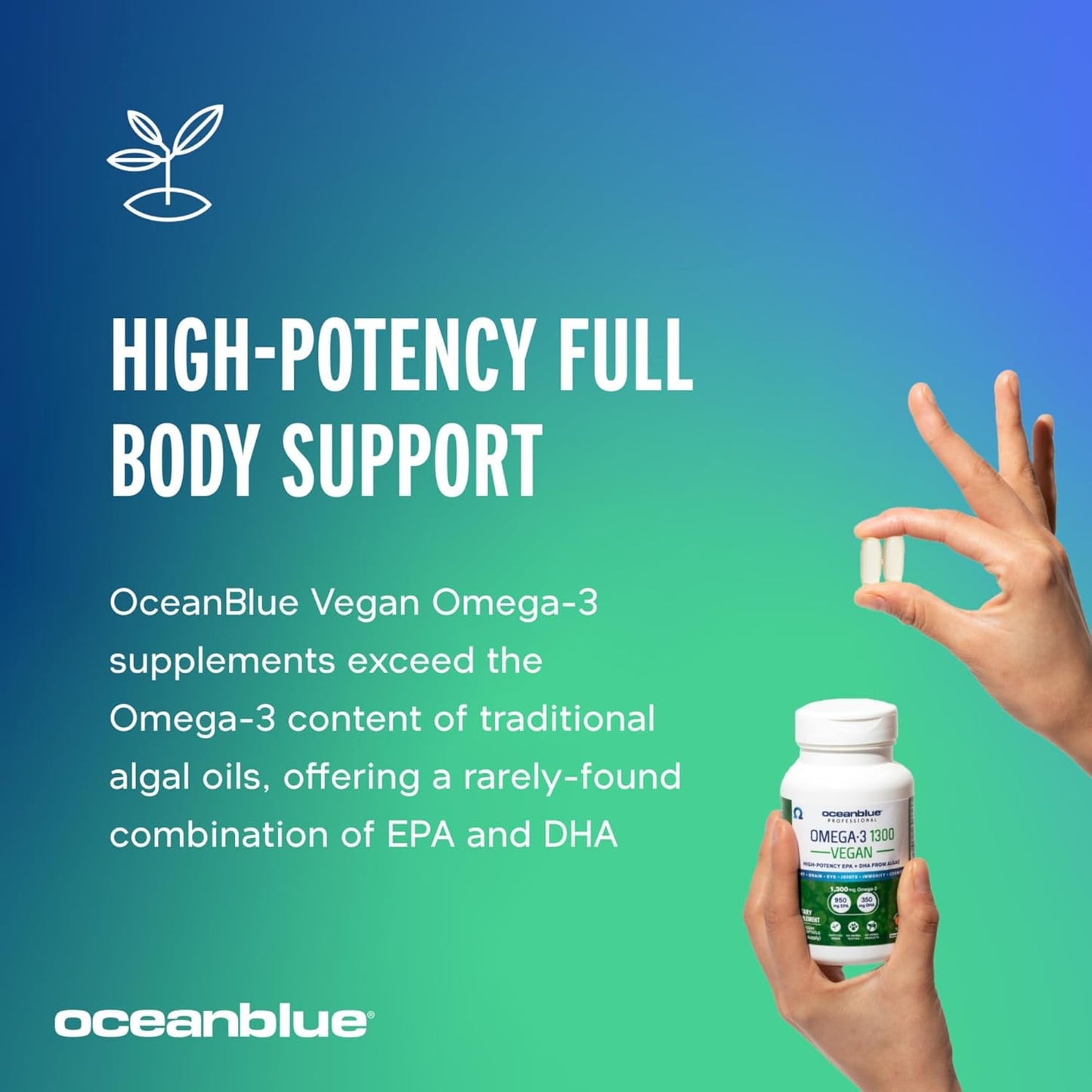 Plant-Based Oceanblue Professional Vegan Omega-3 Supplement - 2 Packs, 1300mg, 60 Servings of High-Potency DHA EPA Algae Oil