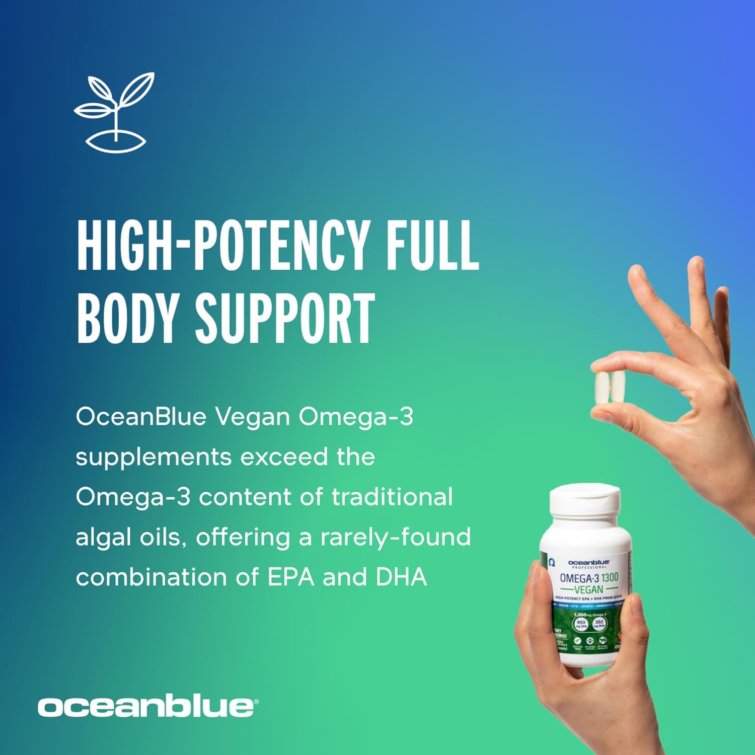 Plant-Based Oceanblue Professional Vegan Omega-3 Supplement - 2 Packs, 1300mg, 60 Servings of High-Potency DHA EPA Algae Oil