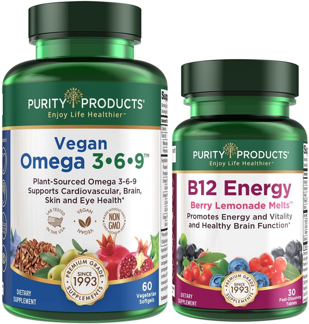 Plant-Based Omega 3-6-9 & B-12 Energy Melt Bundle - Essential Fatty Acids + Energy Boosting Vitamins