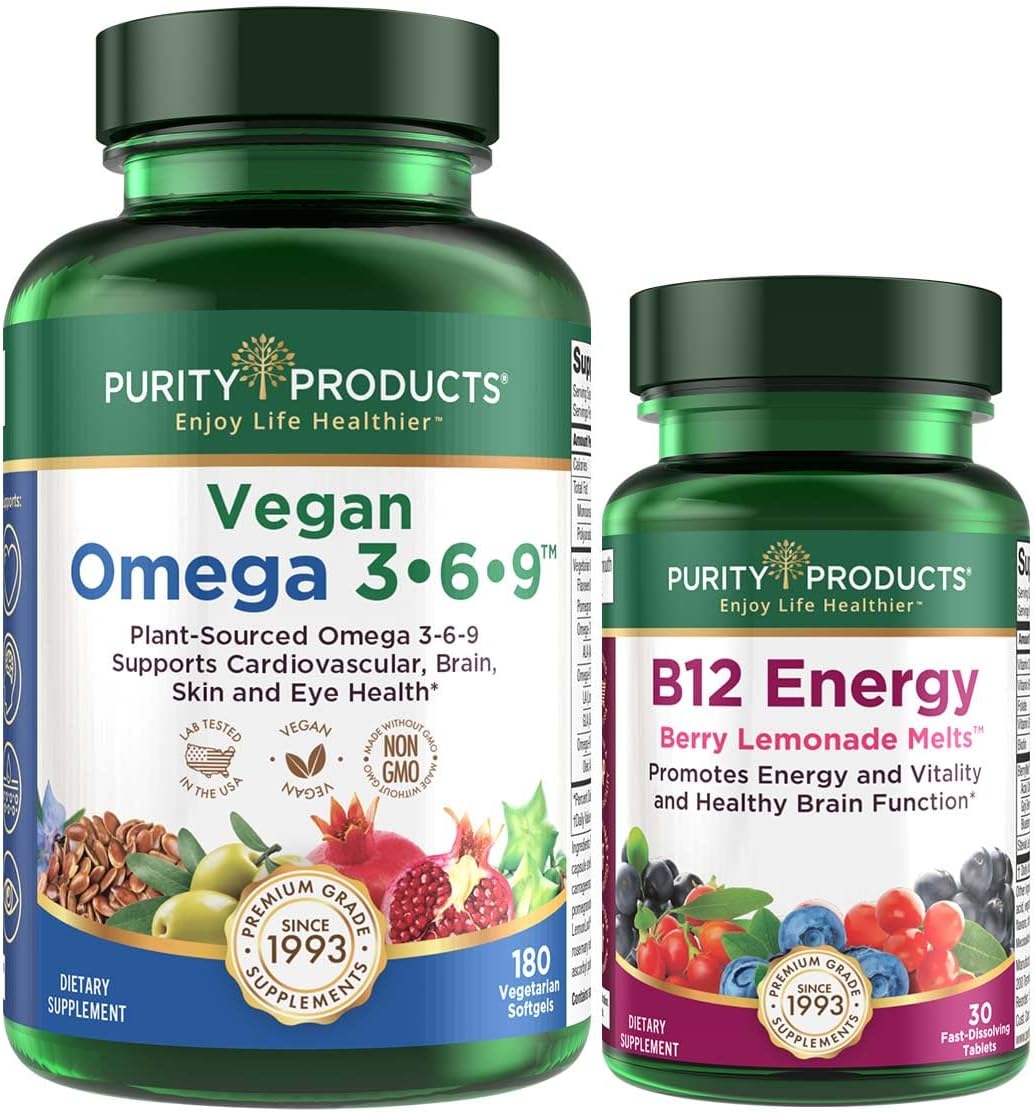 Plant-Based Omega 3-6-9 Bundle with B12 Energy Melt - 180 ct Vegan Supplements for Essential Fatty Acids - Berry Melt for Energy and Wellness
