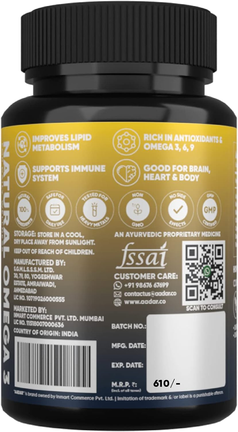 Plant-Based Omega 3-6-9 Fatty Acids Supplement for Men & Women | AADAR Natural Vegan Omega 3 | Supports Wellness & Metabolic Health | Flaxseed, Arjuna, Walnut | 60 Capsules