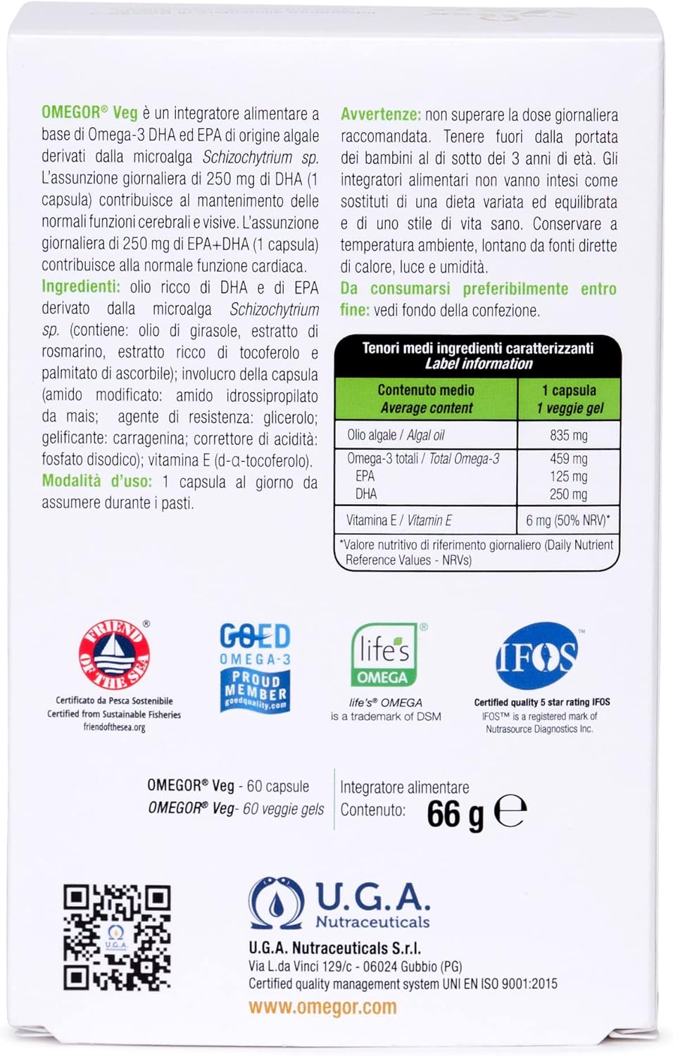 Plant-Based Omega-3 Supplement with Algal Oil, Vitamin E - 60 Capsules, 250mg DHA, 125mg EPA - Vegan Society Certified