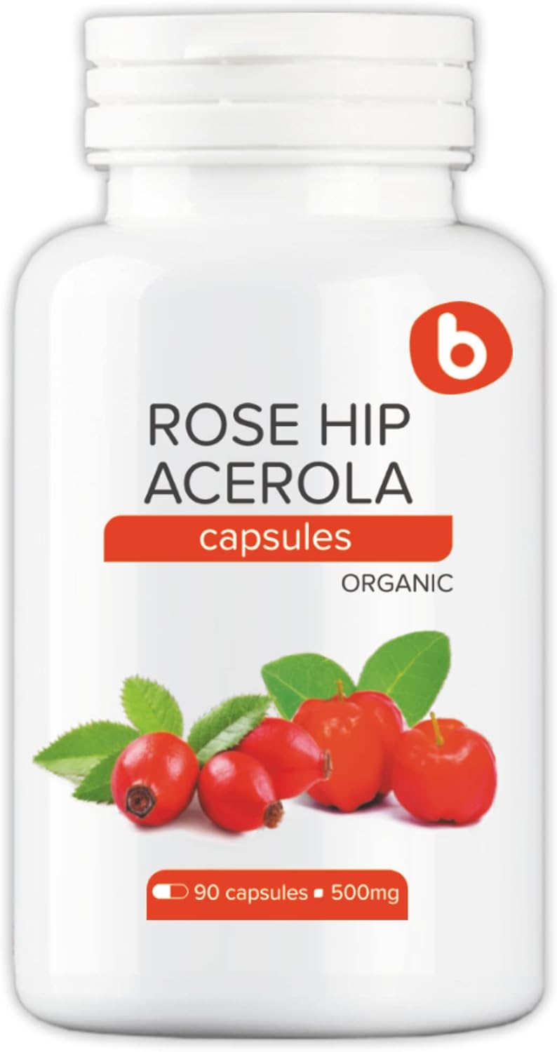 Plant-Based Organic Rose HIPS & Acerola Vitamin C Capsules - Immune Support with Collagen Boost - Non-GMO, Gluten-Free - 1000mg, 90 Vegan Capsules