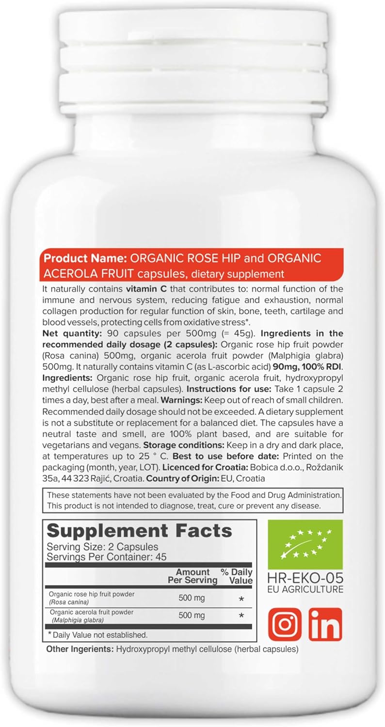 Plant-Based Organic Rose HIPS & Acerola Vitamin C Capsules - Immune Support with Collagen Boost - Non-GMO, Gluten-Free - 1000mg, 90 Vegan Capsules
