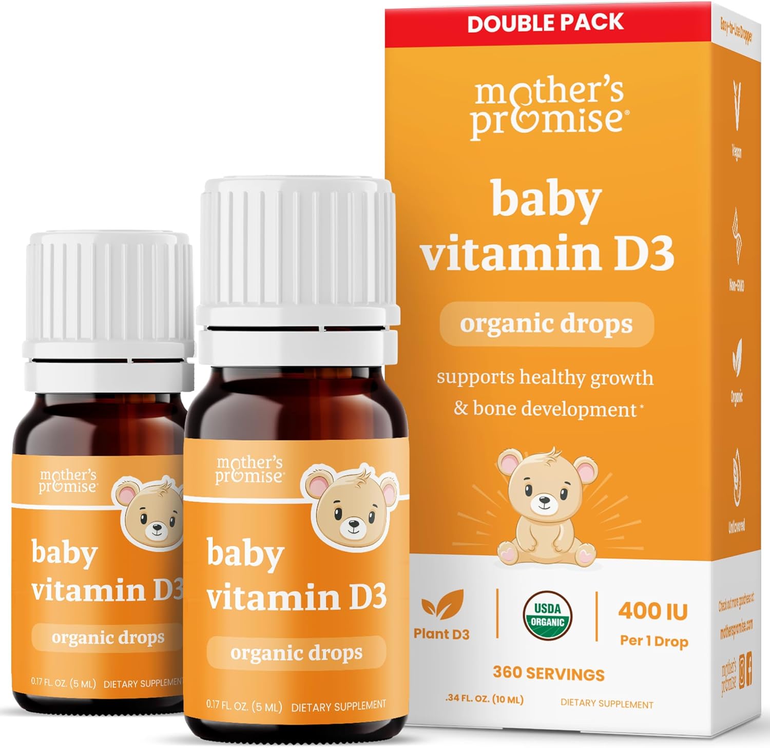 Plant-Based Organic Vitamin D Drops for Babies, Infants & Toddlers | 400 IU Baby Vitamin D3 Liquid Supplement | Supports Healthy Growth, Bones, Heart & Immune Health for Newborns | 2-Pack
