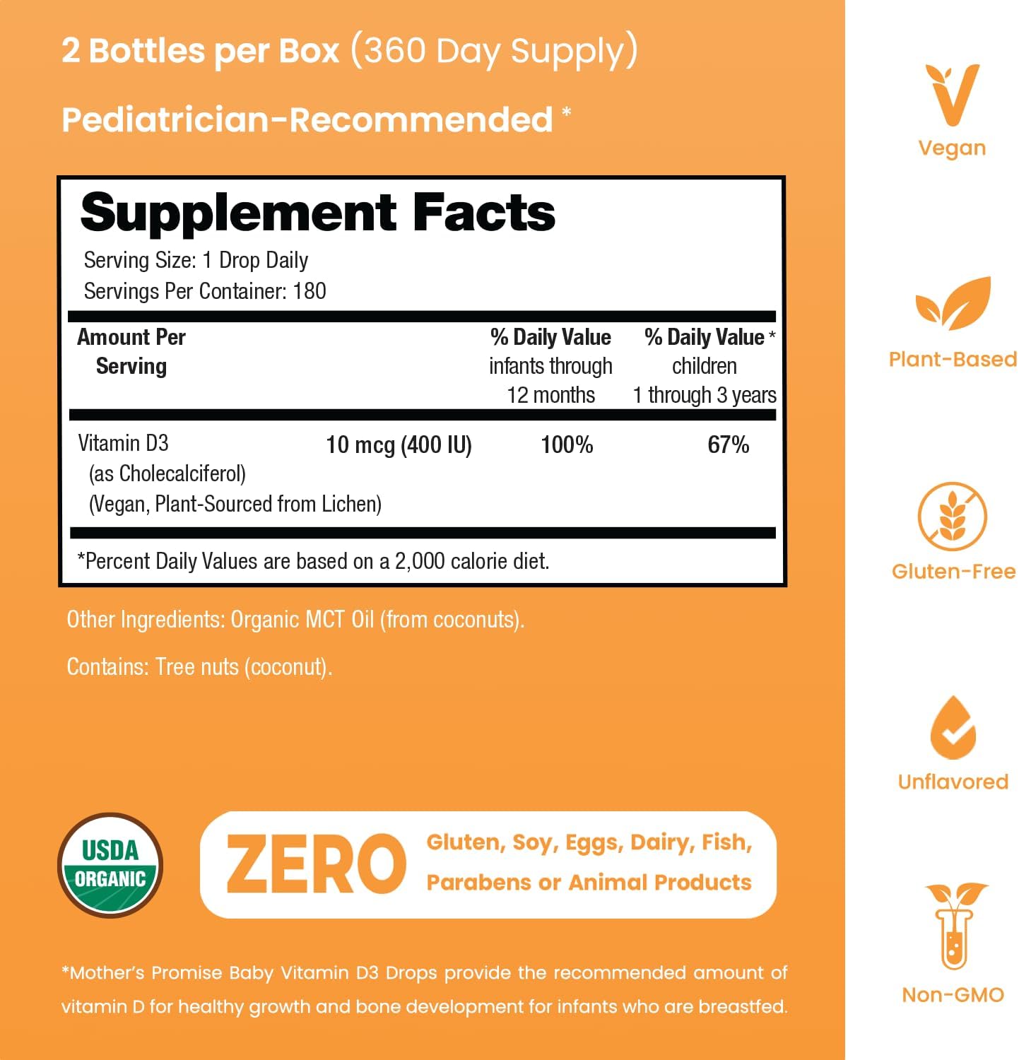 Plant-Based Organic Vitamin D Drops for Babies, Infants & Toddlers | 400 IU Baby Vitamin D3 Liquid Supplement | Supports Healthy Growth, Bones, Heart & Immune Health for Newborns | 2-Pack