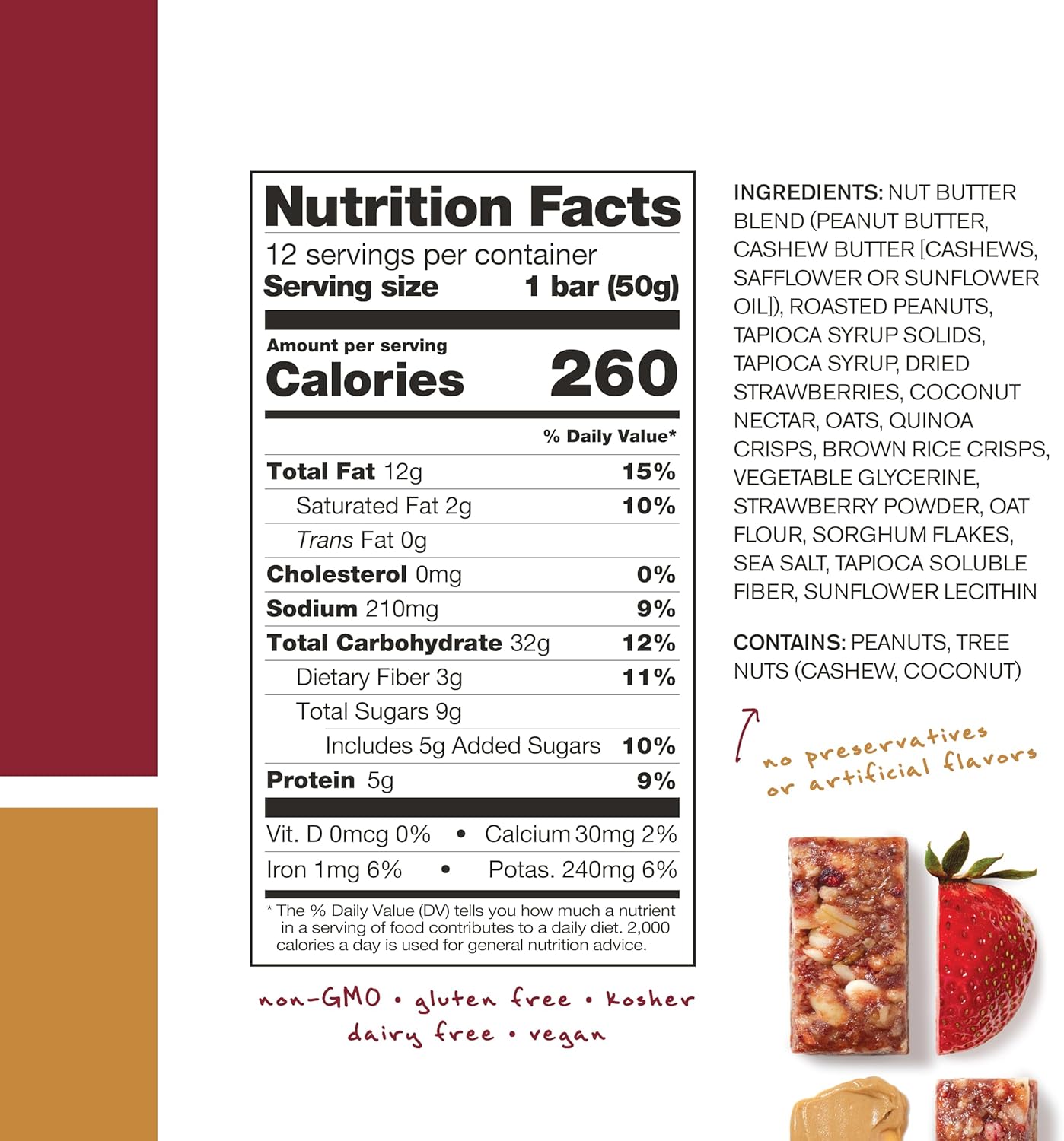 Plant-Based Peanut Butter and Strawberry Energy Bars (12 Pack) | Low Sugar, High Protein, Non-GMO, Gluten-Free, Vegan, Kosher Snack