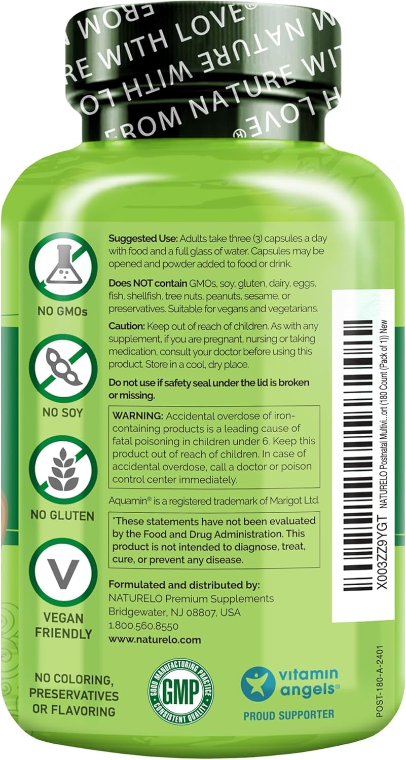 Plant-Based Postnatal Multivitamin for Breastfeeding Women - Gentle Iron, Folate, Vitamin D - Lactation Support for Nursing Mother & Baby - 180 Count