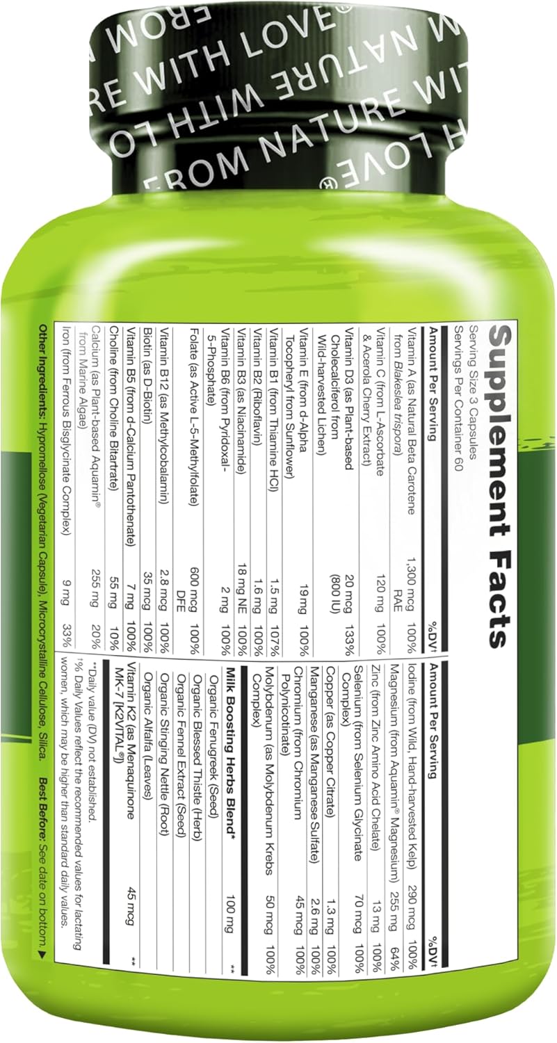 Plant-Based Postnatal Multivitamin for Breastfeeding Women - Gentle Iron, Folate, Vitamin D - Lactation Support for Nursing Mother & Baby - 180 Count