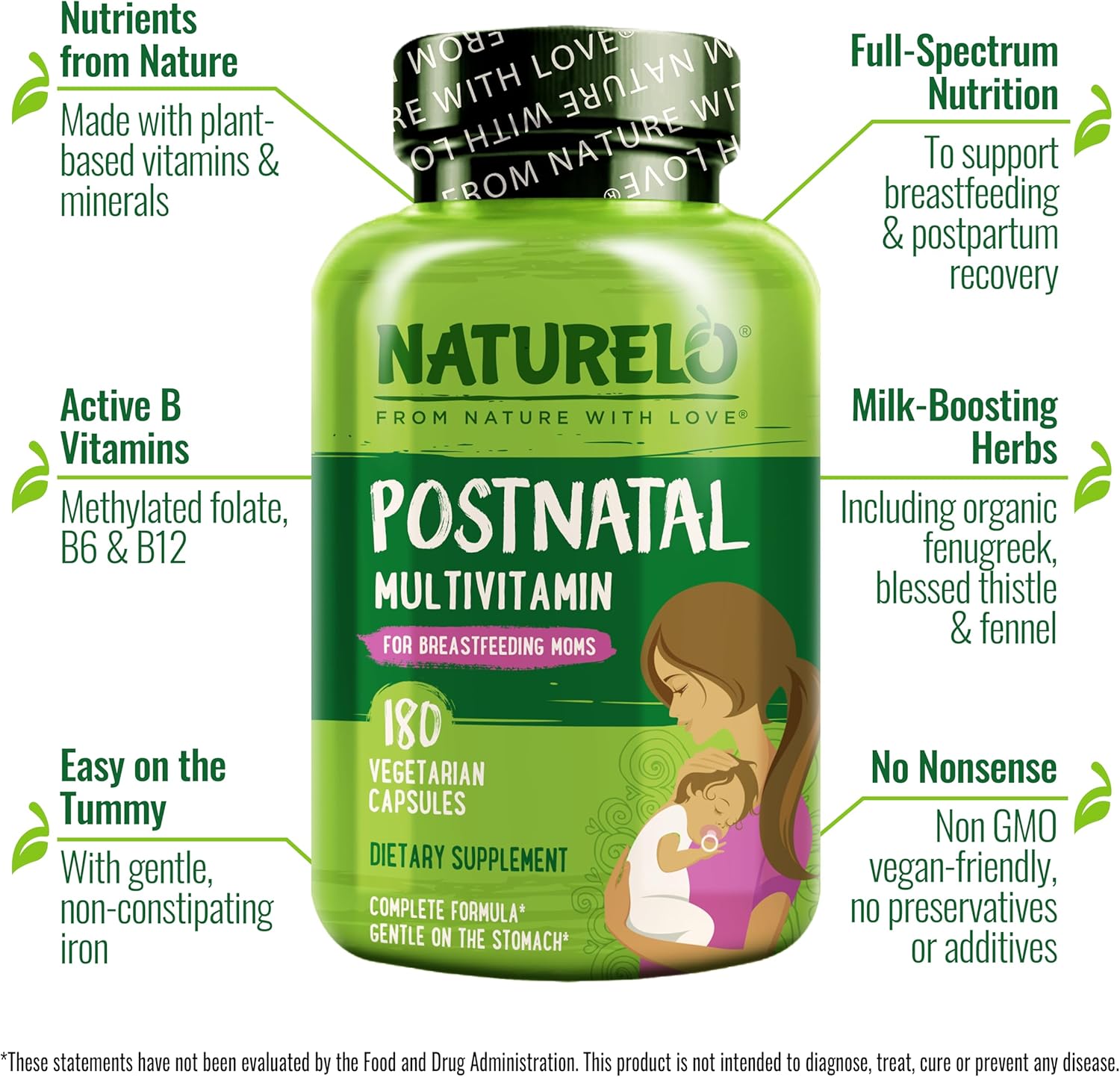 Plant-Based Postnatal Multivitamin for Breastfeeding Women - Gentle Iron, Folate, Vitamin D - Lactation Support for Nursing Mother & Baby - 180 Count