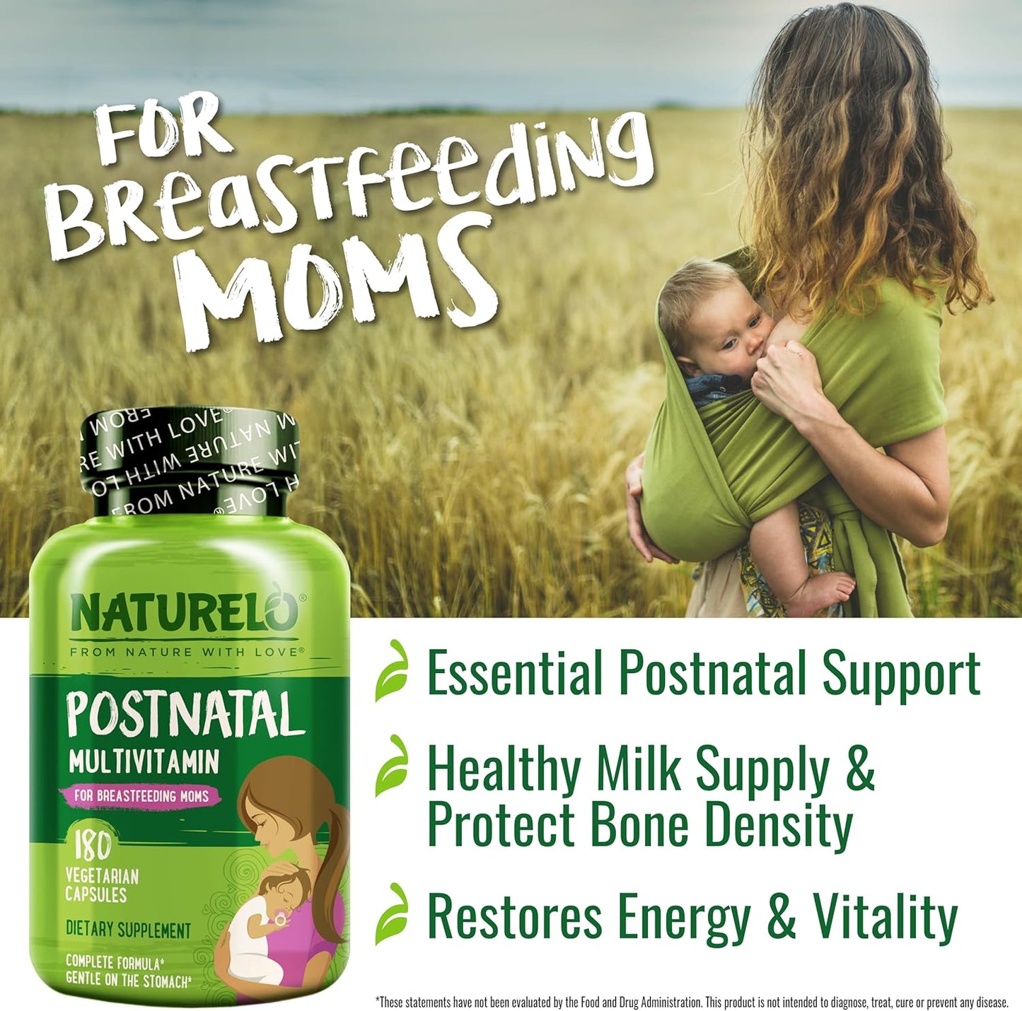 Plant-Based Postnatal Multivitamin for Breastfeeding Women - Gentle Iron, Folate, Vitamin D - Lactation Support for Nursing Mother & Baby - 180 Count