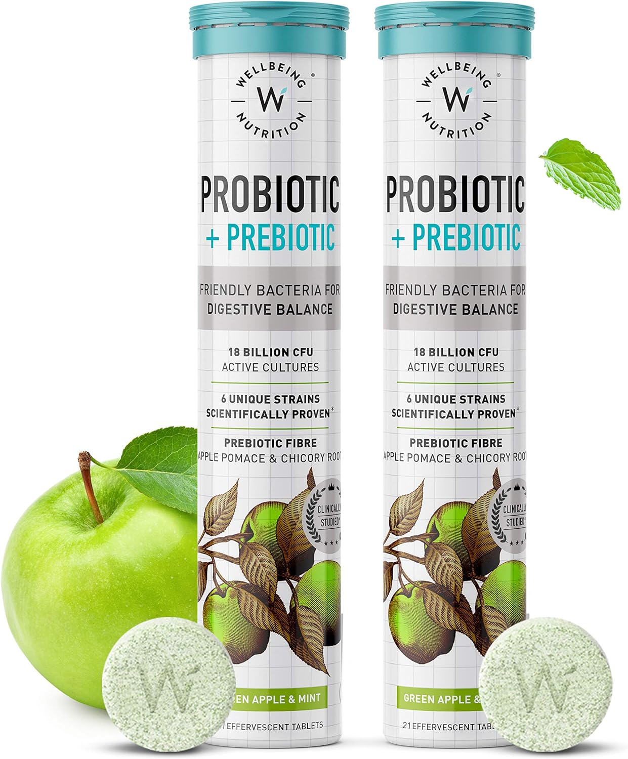 Plant Based Probiotic + Prebiotic Tabs for Digestion & Gut Health - 18 Billion CFU, 6 Strains - 42 Effervescent Tablets
