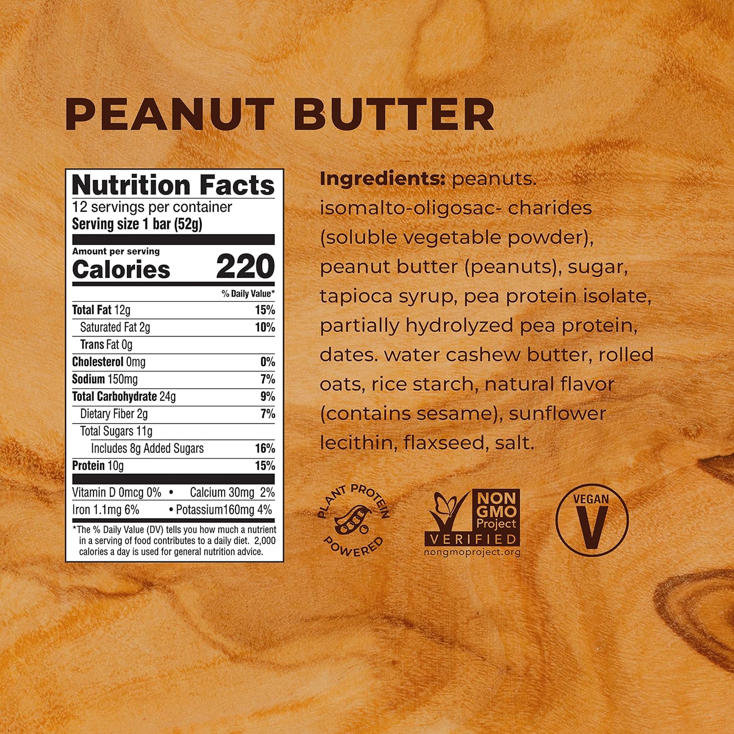 Plant Based Protein Bar, Peanut Butter Flavor, Dairy Free, Non-GMO, No Artificial Flavors, 10g Protein, 12 Bars, Packaging Varies