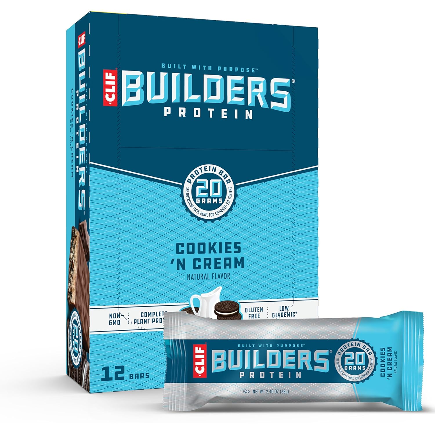 Plant Based Protein Bars - Cookies 'n Cream Flavor - Gluten Free - Non-GMO - Low Glycemic - 20g Protein - 2.4 oz. (12 Count)
