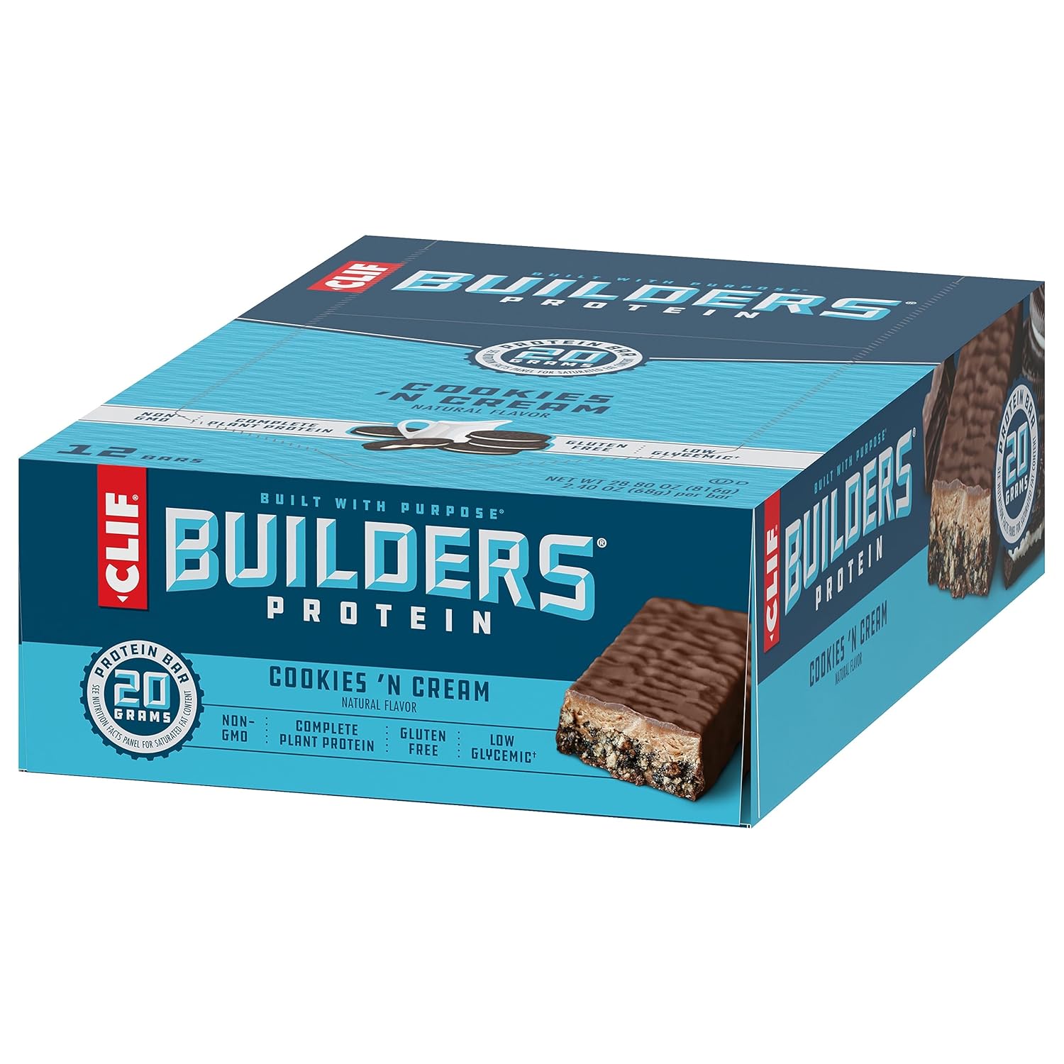 Plant Based Protein Bars - Cookies 'n Cream Flavor - Gluten Free - Non-GMO - Low Glycemic - 20g Protein - 2.4 oz. (12 Count)