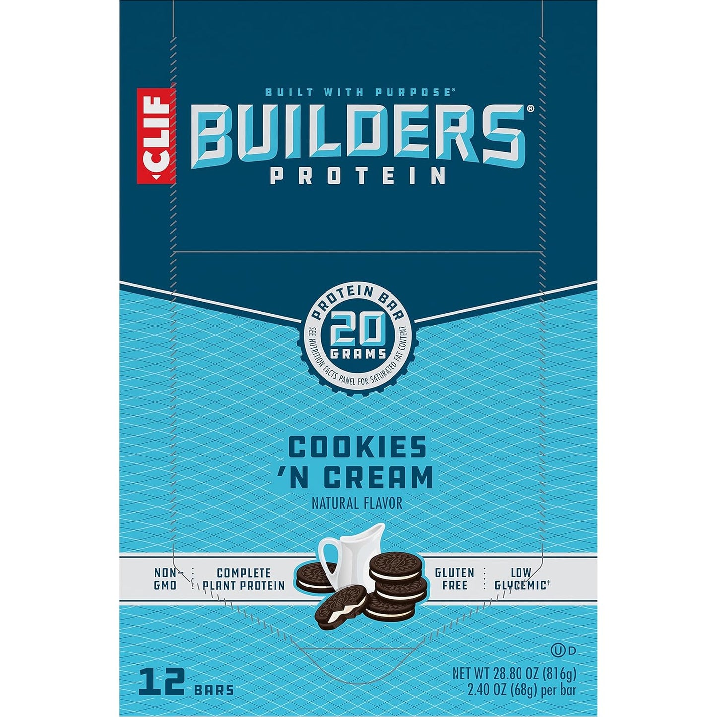 Plant Based Protein Bars - Cookies 'n Cream Flavor - Gluten Free - Non-GMO - Low Glycemic - 20g Protein - 2.4 oz. (12 Count)