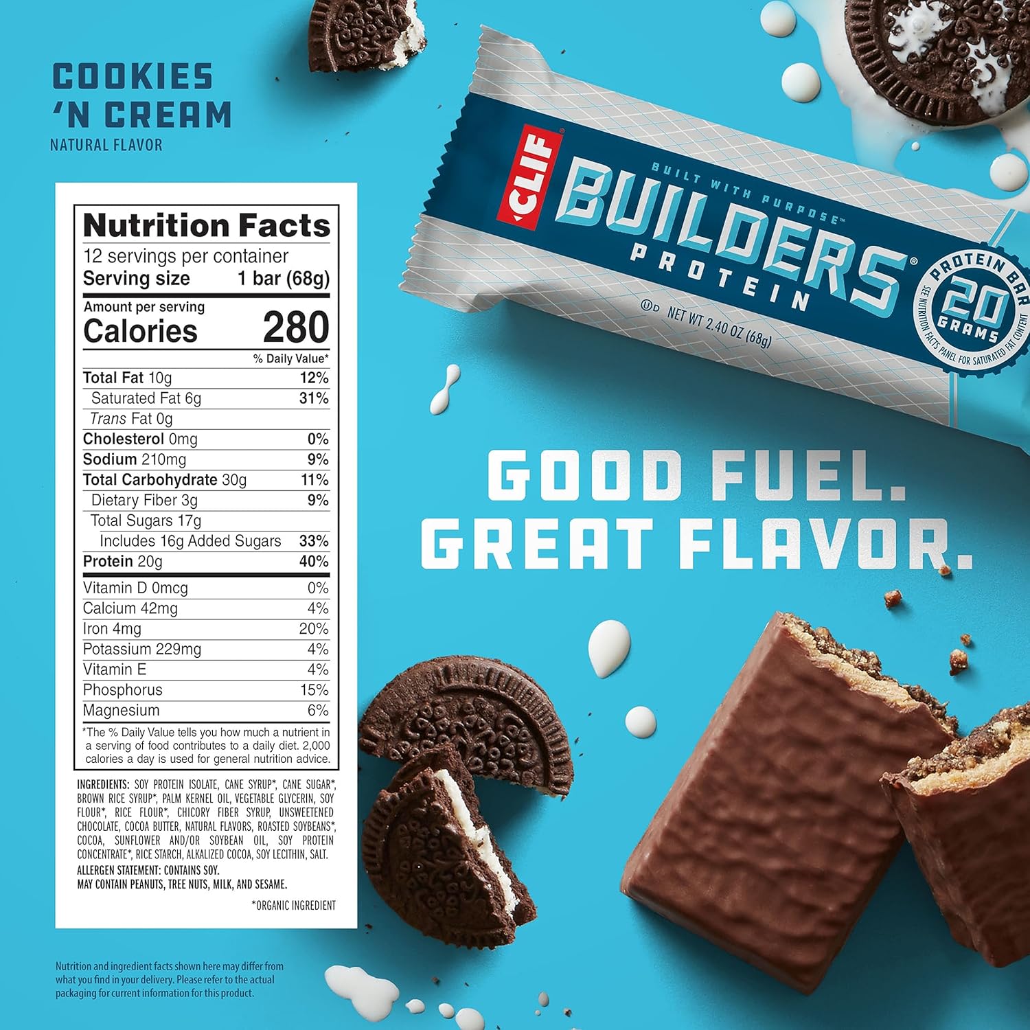 Plant Based Protein Bars - Cookies 'n Cream Flavor - Gluten Free - Non-GMO - Low Glycemic - 20g Protein - 2.4 oz. (12 Count)