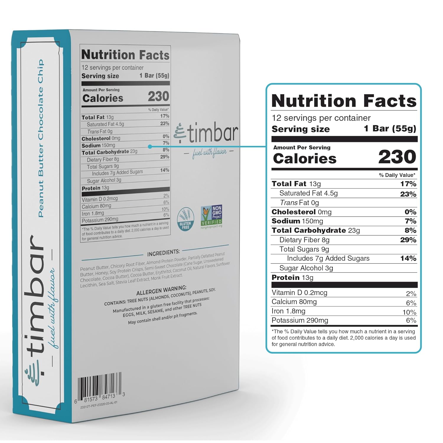 Plant Based Protein Bars, Non-GMO, Gluten Free, Dairy & Egg Free, No Preservatives, 12g Protein Per Bar, 12 Pack Peanut Butter Chocolate Chip