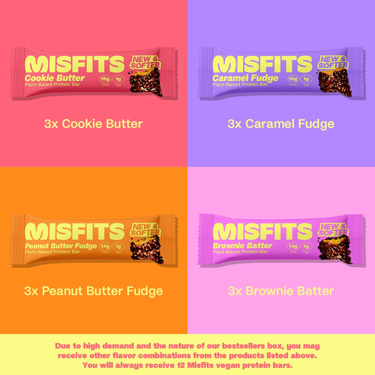 Plant-Based Protein Bars Variety Pack (12 bars, 4 flavors) - Low Sugar, Low Carb, High Fiber Snacks - Updated Recipe by Misfits