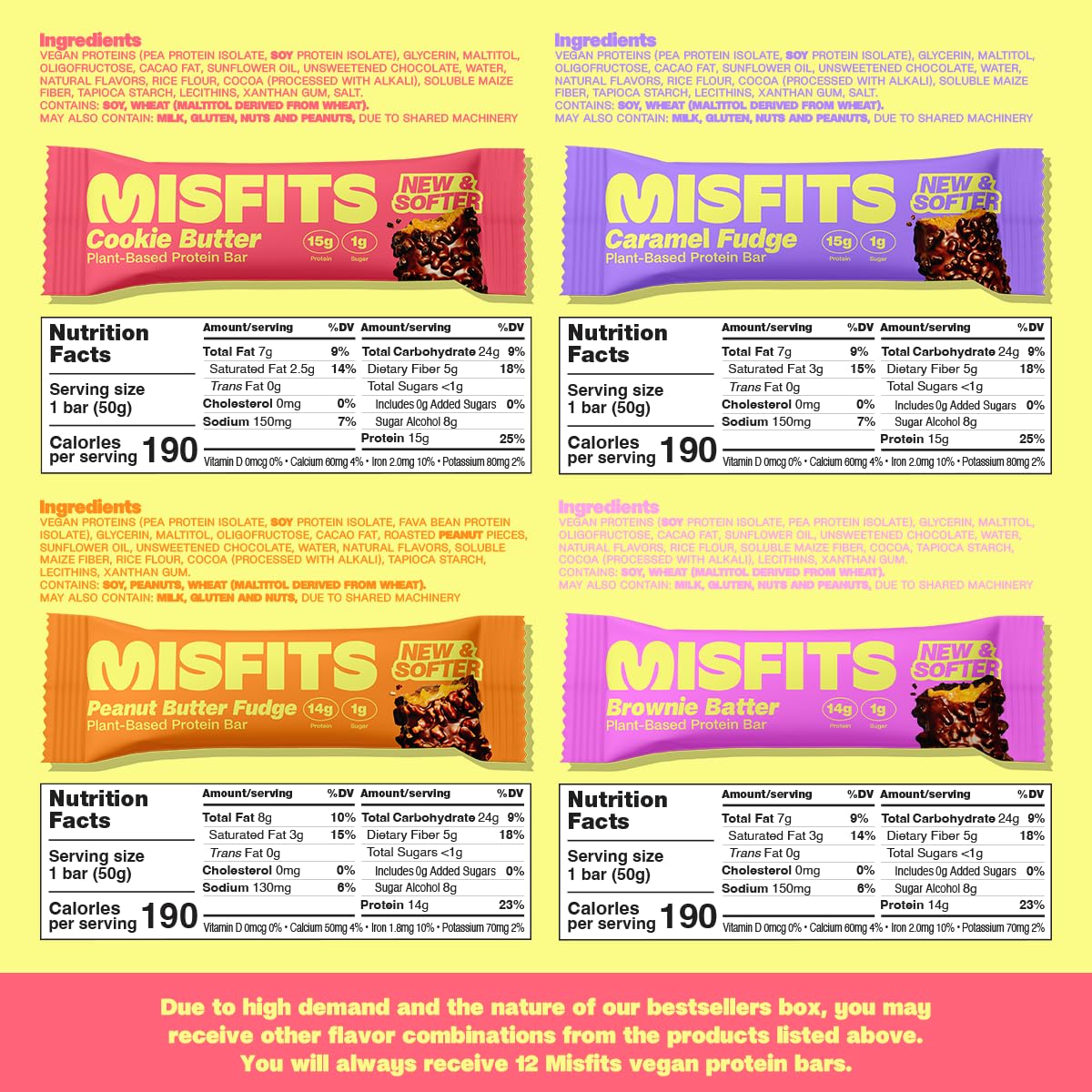Plant-Based Protein Bars Variety Pack (12 bars, 4 flavors) - Low Sugar, Low Carb, High Fiber Snacks - Updated Recipe by Misfits
