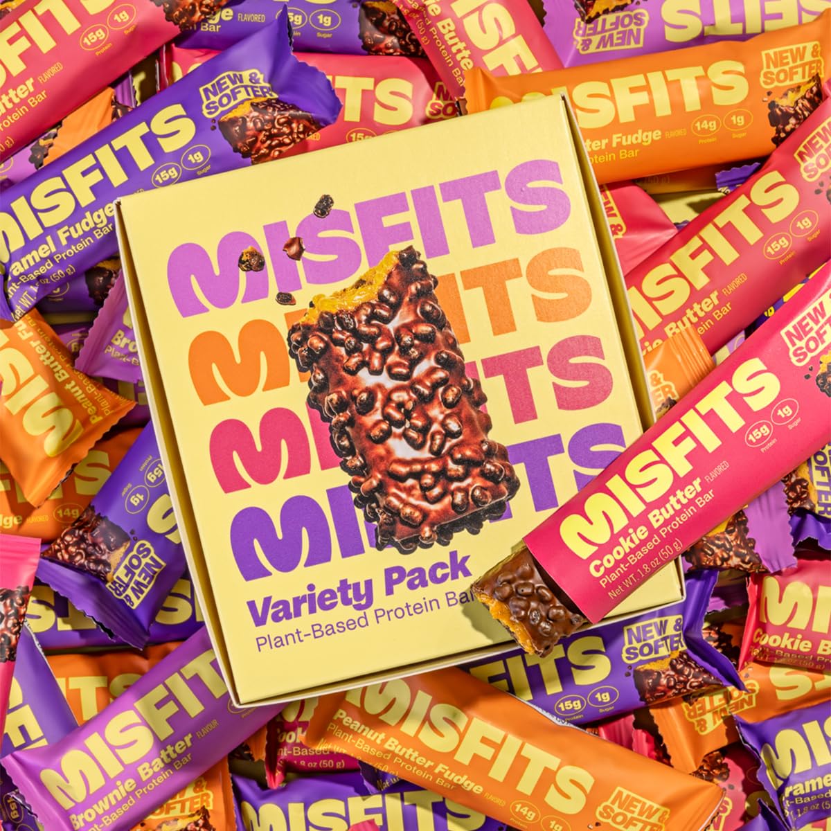 Plant-Based Protein Bars Variety Pack (12 bars, 4 flavors) - Low Sugar, Low Carb, High Fiber Snacks - Updated Recipe by Misfits