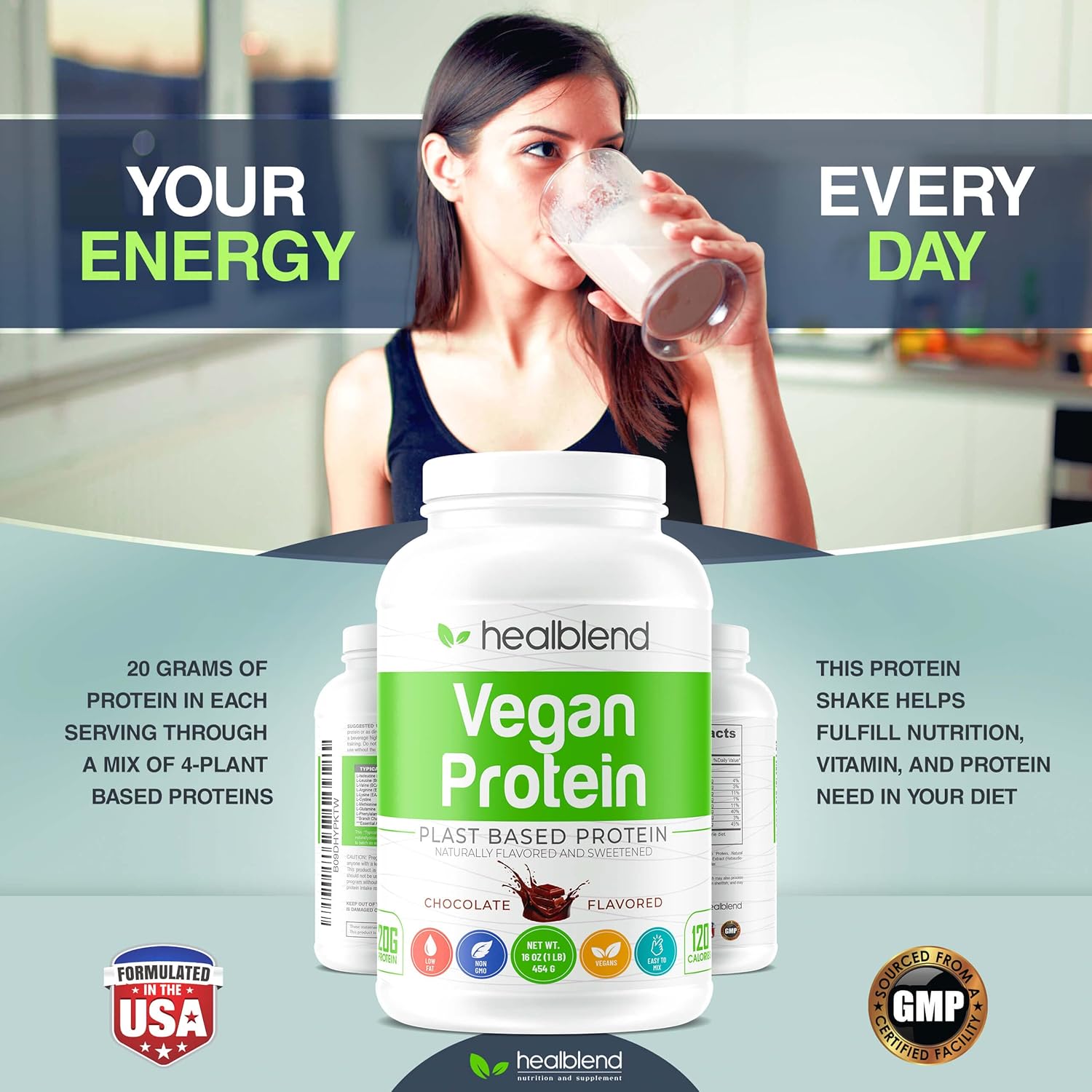 Plant-Based Protein Powder - Vegan Dietary Supplement for Women and Men, Gluten-Free, Non-GMO, Erythritol-Free pea protein